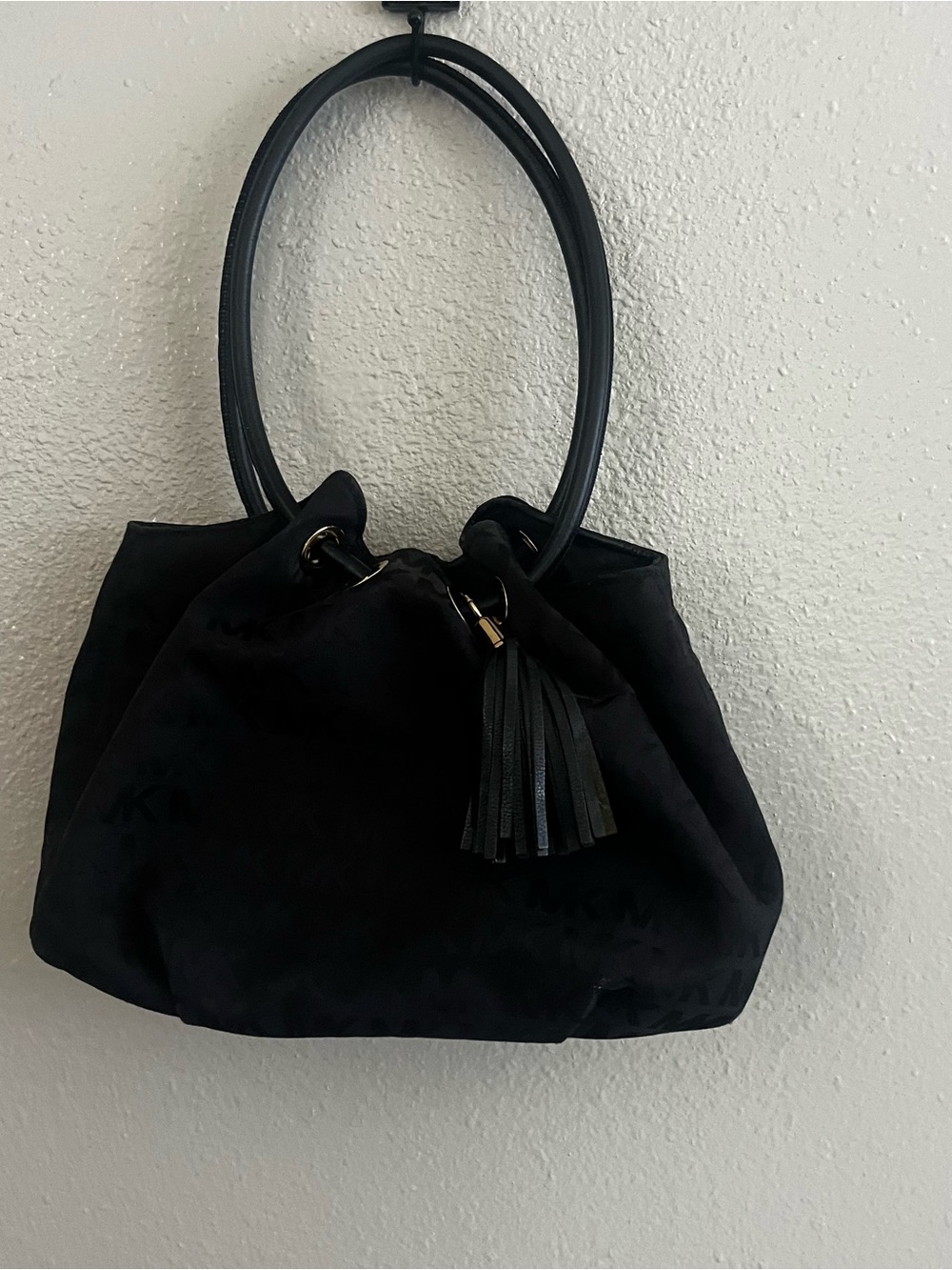 Michael Kors Black MK Monogram Drawstring Tote with Gold Charm - Picture 7 of 9